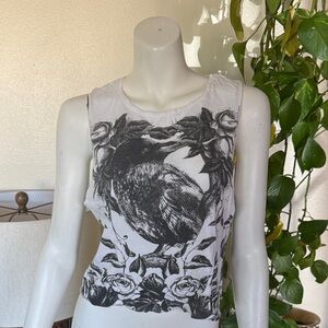 Women's Black and White Graphic Bird Roses Floral Muscle Cropped Tank Top